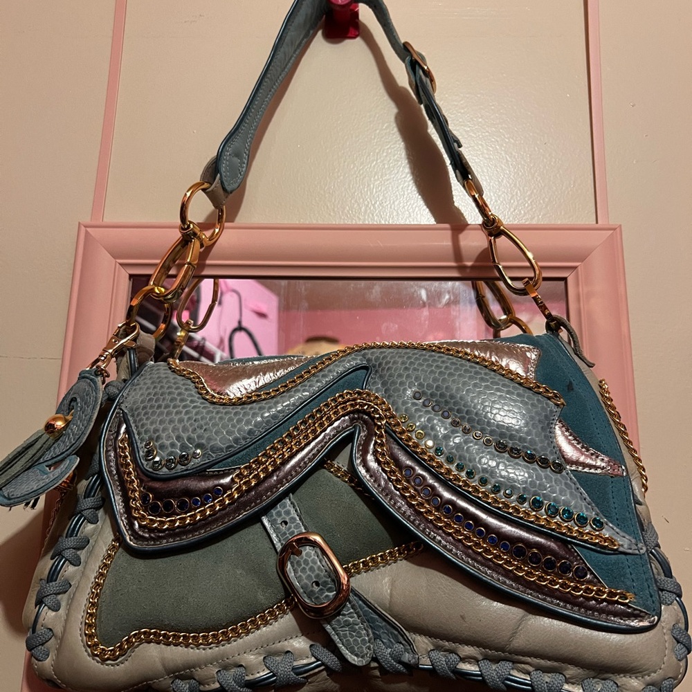 Rare Blue Vintage Bracher Emden London Butterfly Saddle Bag with Crystals